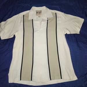 Vintage Silk Circa 1969 100% Silk Mens Button Up  Shirt Beige Black White  Sz L